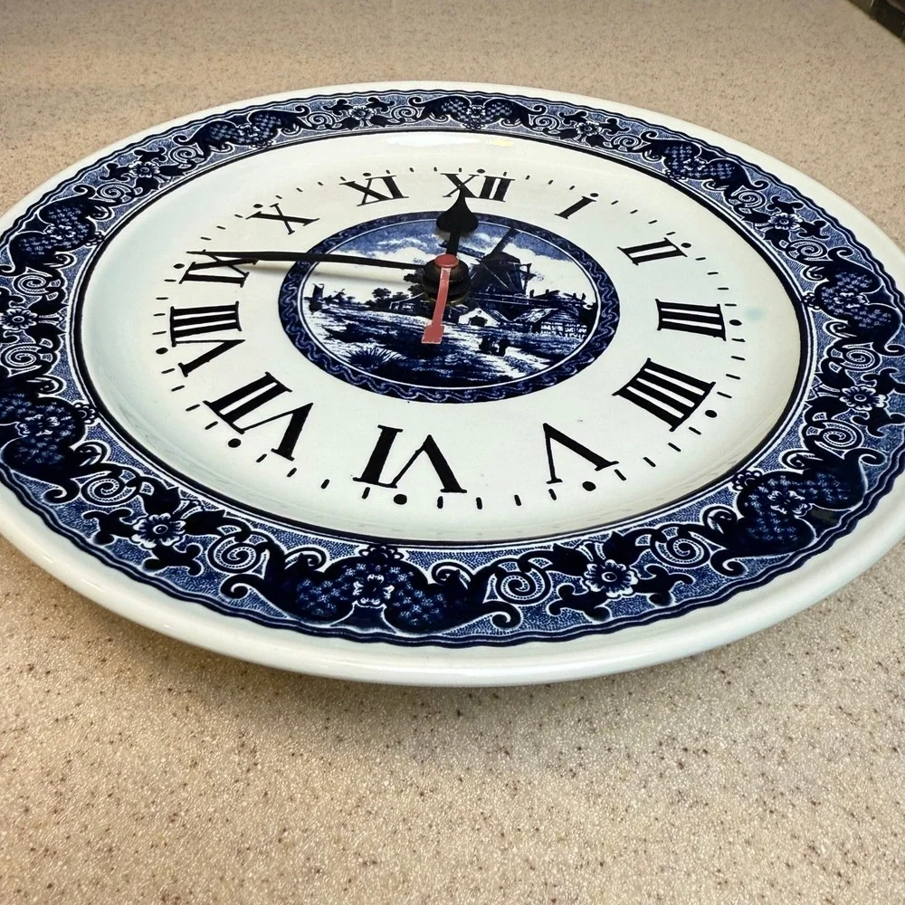 Vintage Boch Delft Blue White Windmill‎ Ceramic Plate Wall Clock Belgium WORKS